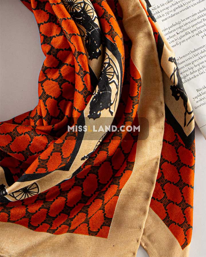روسری نخی ژاکارد هرمس - مدل 8040 حاشیه آجری