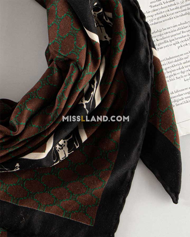 روسری نخی ژاکارد هرمس - مدل 8040 حاشیه قهوه ای