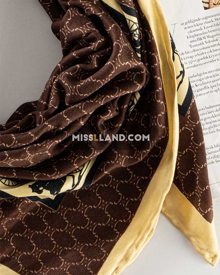 روسری نخی ژاکارد هرمس - مدل 8040 حاشیه قهوه ای روشن